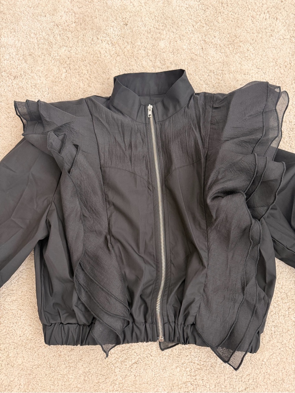 Black Ruffle Zip-Front Women's Jacket - Picture 2 of 6